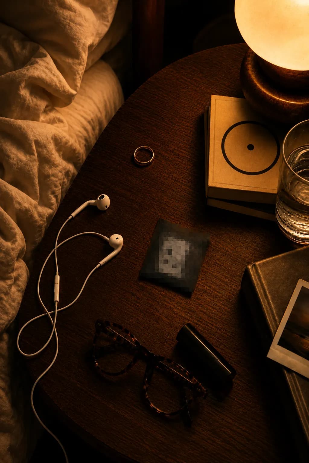 An evening nightstand. Warm lamp, earphones set down, water, glasses